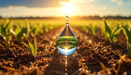Water of Life: A captivating water droplet reflects the vibrant landscape of a flourishing field under a radiant sun.