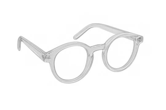 Clear plastic fashion eyeglasses, round frame, offering vision correction and stylish transparent eyewear design