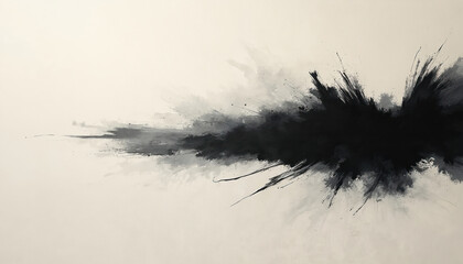 Obraz premium Abstract ink painting on white canvas. Artistic dark brushstrokes create a dynamic composition. Monochrome artwork with expressive strokes and texture. Contemporary art with zen-inspired aesthetics.