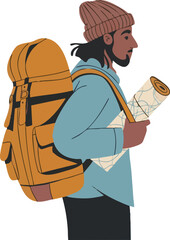 A bearded traveler with a large backpack and a rolled map