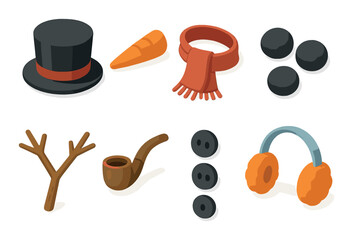 Animated snowman accessories set: top hat, carrot nose, scarf, twig arms, pipe, buttons, earmuffs