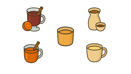 Obraz premium Warm Alcoholic Drinks and Festive Beverage Icons. mulled wine, sake, cider, and eggnog. Perfect for Christmas, winter holidays, and bar or café designs.