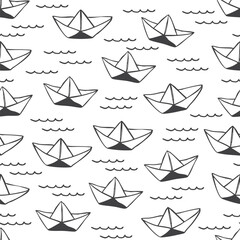 Black and white paper boats seamless pattern. Nautical theme. Coastal design. Cute origami paper boats on water surface. Paper, textile design.