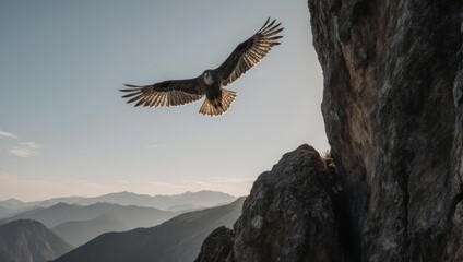 Fototapeta premium Majestic Golden Eagle Soaring Above Rugged Mountain Landscape at Sunset.