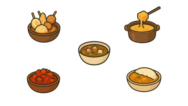 Hot Winter Dishes and Street Food Icons. oden, fondue, stew, and porridge. Perfect for winter festivals, Asian cuisine, and cozy food design projects.