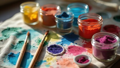 Several jars filled with bright powdered pigments sit on cloth next to paint brushes. Colors include yellow, orange, blue, and pink. This art supply setup invites creative exploration and painting.