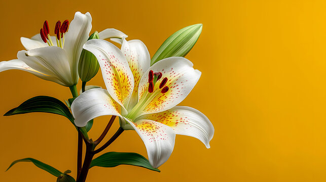 Elegant white lily flowers with yellow accents against a vibrant yellow background AI Generated