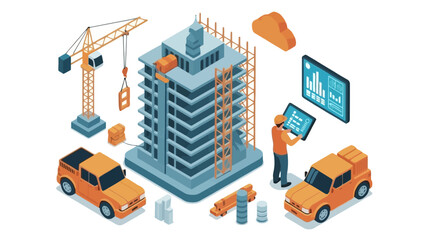 Obraz premium Isometric view of a modern skyscraper construction site with cranes vehicles and workers planning on tablets