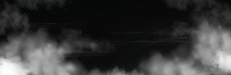 White smoke cloud with overlay effect on dark background. Realistic fog texture spreading along the floor. Atmospheric illustration of misty vapor or haze with dramatic light effect. © gala