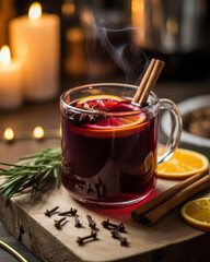 Hot mulled wine with spices and orange slices in a glass mug a warm and comforting beverage for winter holidays served on a wooden board