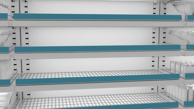 Sliding movement along refrigerator mesh empty shelves with blue shelf talkers and shelves with goods. 3d animation