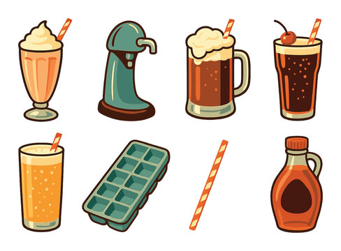 Vintage soda fountain elements: milkshake, root beer float, ice cubes, straws, maple syrup