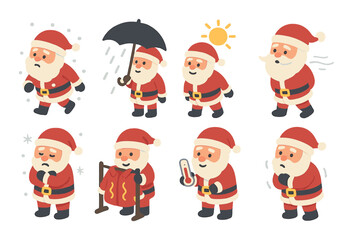 Eight cartoon santas in different weather conditions with expressions