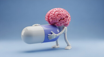 A human brain character holding a large pill, symbolizing mental health, medication, and cognitive enhancement.