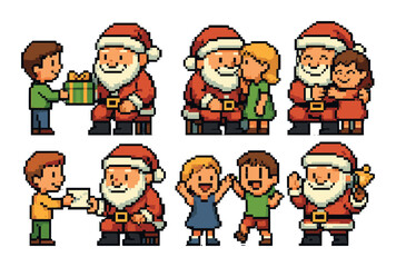 Pixel art santa claus with children giving gifts and hugs in festive scenes