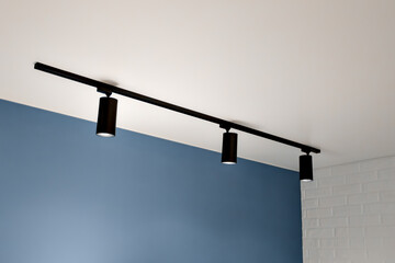 Modern ceiling track lighting with three adjustable black fixtures illuminating a stylish blue...