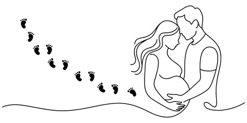 Continuous line drawing family walking together with backpacks on their backs during an outdoor adventure or journey vector