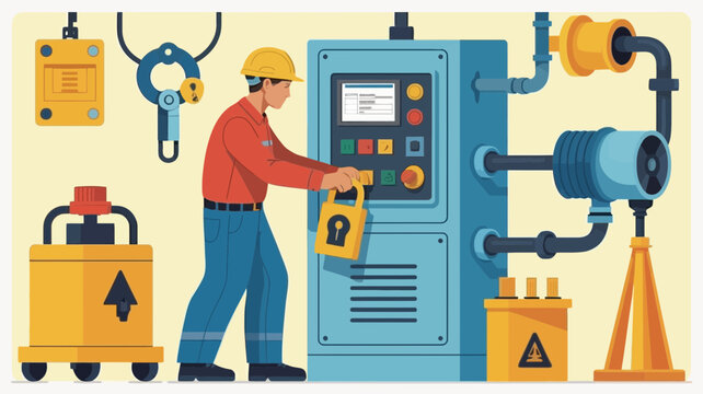 Worker in hard hat performing lockout tagout safety procedure on industrial machinery control panel