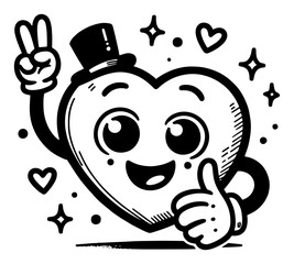 Cheerful heart mascot in top hat – cartoon love character giving peace sign and thumbs up, hand‑drawn vector illustration
