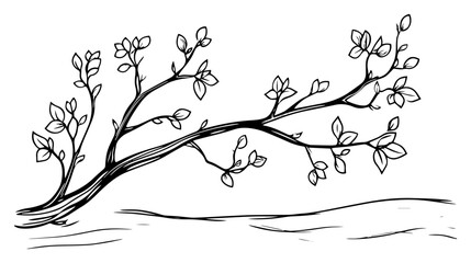Blossoming tree branch sketch – delicate spring twig with young leaves, minimalist botanical line art vector illustration