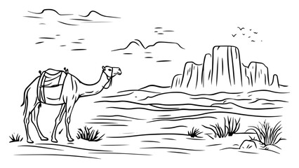 Camel beside desert mesas – hand‑drawn line art vector illustration of dromedary in arid canyon landscape © Luka