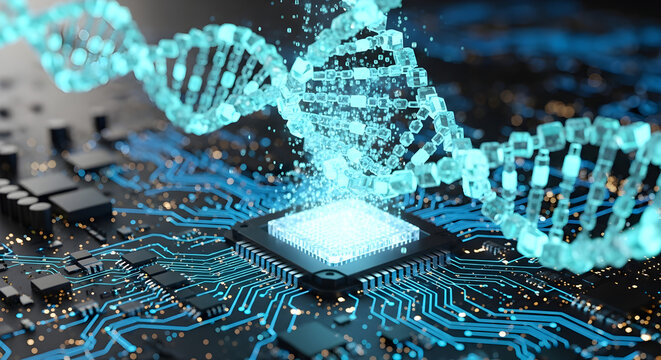 Digital DNA helix emerging from a computer processor, representing bioinformatics and genetic technology. - Powered by Adobe