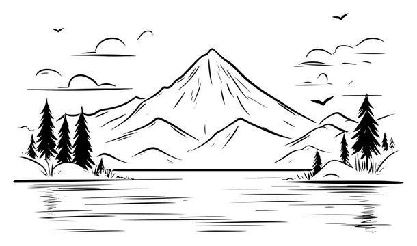 Fototapeta Mountain lake panorama sketch – minimalist line art landscape with alpine peak, pine forest, calm water, hand‑drawn vector illustration