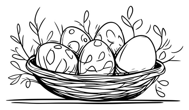 Easter eggs in wicker basket &ndash; festive hand‑drawn line art vector illustration of decorated holiday eggs with spring twigs