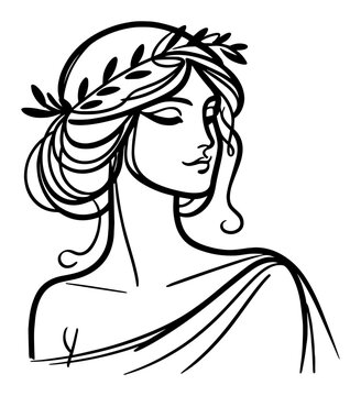 Roman muse portrait with laurel crown &ndash; graceful feminine line art bust, classical beauty minimalist vector illustration