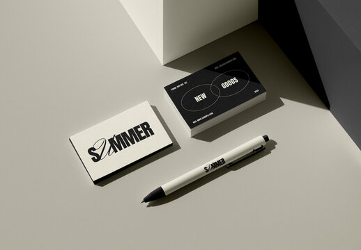 Lying Business Card with Pen Mockup