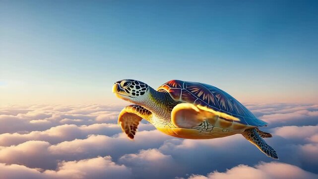 Turtle flying above the clouds with vibrant sunset colors