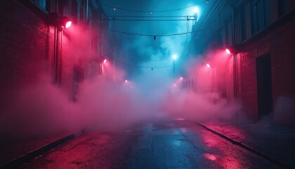 Dark urban alleyway with pink and blue neon lights. Thick fog or smoke drifts along the wet pavement between brick buildings, creating a mysterious and cinematic atmosphere for film or gaming.