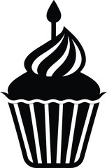 Cupcake with single candle black silhouette icon. Delicious baked treat with frosting isolated on transparent background