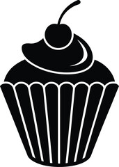 Cupcake with single cherry on top vector illustration. Black silhouette sweet dessert with fruit decoration on transparent background