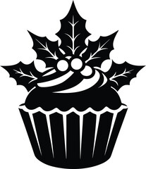 Black silhouette cupcake with intricate holly leaves and berries isolated on transparent background vector illustration