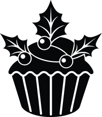 Black silhouette cupcake with holly leaves and berries isolated on transparent background vector illustration