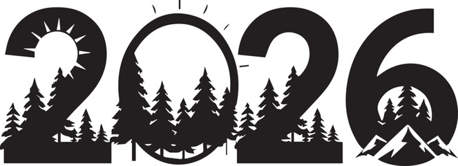 Nature Landscape 2026 Black Vector with Mountains and Sunrise