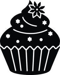 Floral and star decorated cupcake vector illustration. Sweet pastry with frosting, flower, and star accents