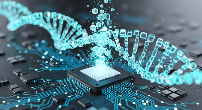 Digital DNA helix emerging from a computer processor, representing bioinformatics and genetic technology. - Powered by Adobe