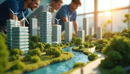 Engineers collaborate on sustainable city model. Men design green buildings with wind turbines, trees, river, landscape. Plan eco friendly urban future. Professionals work on architecture project in