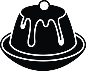 Sweet pudding with sauce on plate icon. Dessert food. Delicious baked treat. Confectionery illustration