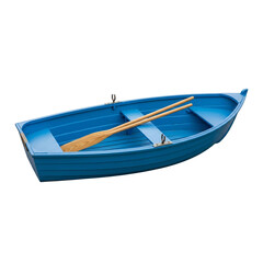 Blue rowboat with oars isolated on transparent background in a studio shot