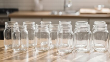 Neatly Arranged Mason Jars on a Wooden Countertop.