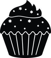 Black silhouette cupcake with frosting and sprinkles. Sweet dessert bakery item with decorative elements isolated on background