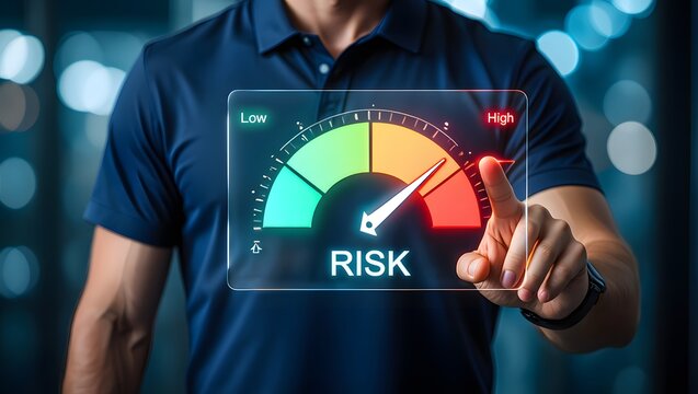 Risk assessment and management performance indicator gauge. Risk level gauge from low to high, performance evaluation, analysis, strategic planning, and decision-making process for business continuity