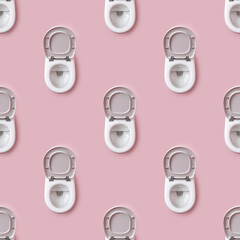 Repeating Pattern of White Toilet Bowls with Open Lids on Pink Background