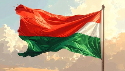 National Flag of Madagascar Waving Against a Cloudy Sky