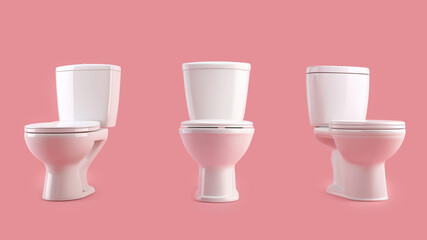 Three White Porcelain Toilets Against Solid Pink Background in Stylized Row