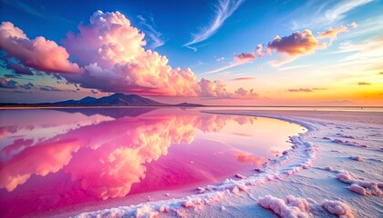 Vibrant Pink Salt Lake at Sunset with Reflective Sky and Mountain Silhouettes