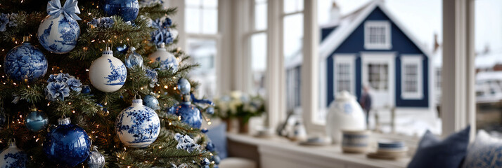 blue christmas of Christmas tree at home near the window